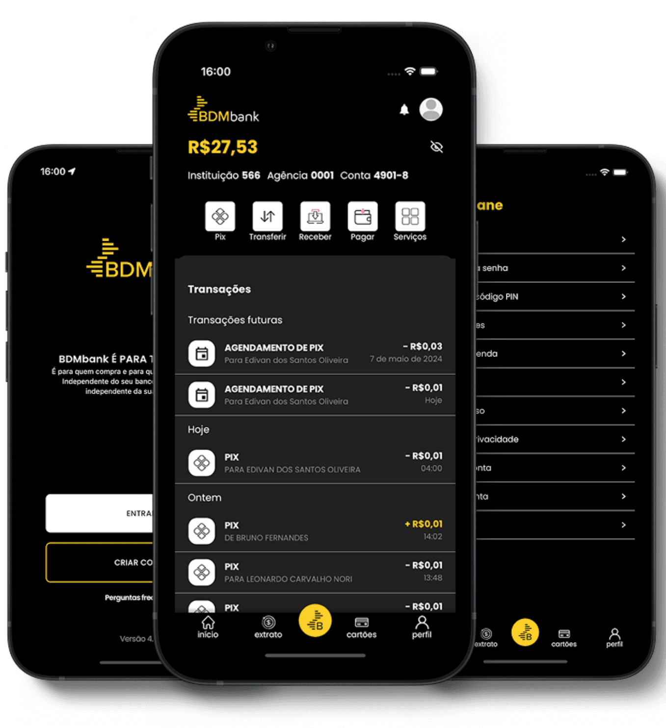 Telas do aplicativo BDM Bank